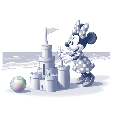 "Minnie Mouse" is constructing a sandcastle on a beach. She is wearing her signature polka-dotted dress and bow. The sandcastle is detailed, featuring towers and flags made of shells. Nearby, there is a colorful beach ball sitting on the sand. The scene includes gentle waves lapping at the shore and a clear sky above. The composition highlights the playful atmosphere of the beach setting.