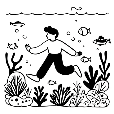 A young explorer wearing a wetsuit is swimming among various species of fish, with intricate patterns displayed on their scales. The underwater scene is filled with detailed coral reefs, showcasing their unique shapes and textures. Light rays penetrate the water, creating a shimmering effect around the explorer. Bubbles rise as the explorer moves, and several small fish surround their arms and legs, adding to the lively atmosphere of the underwater world.