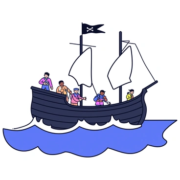 A pirate ship with dark wooden planks and tattered sails is navigating through choppy blue waves. The ship has a skull-and-crossbones flag flying from the mast. The deck is bustling with activity, featuring several crew members in simple clothing. One crew member is adjusting the sails, while another is tying ropes. The scene captures the intensity of the turbulent seas, with foam splashing against the ship's hull.