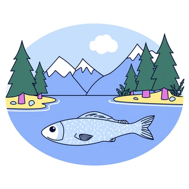 A small fish with shimmering scales is swimming gracefully in the crystal-clear waters of a mountain lake. The lake's surface reflects the surrounding tall pine trees and rocky mountains. Sunlight filters through the water, creating patterns of light and shadow on the sandy bottom. In the background, a few pebbles and aquatic plants are visible, enhancing the natural setting.
