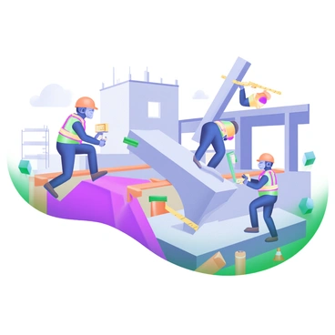 A construction site featuring several workers using hydraulic jacks to lift and stabilize a settling building foundation. The workers are wearing safety helmets and reflective vests, focused on their task. In the foreground, a hydraulic jack is positioned under a concrete beam, with one worker adjusting its height. Another worker is monitoring a level gauge to ensure proper alignment. The background shows a partially constructed building with exposed beams and scaffolding. Tools and equipment are scattered around the site, including measuring tapes and safety cones. The atmosphere conveys an active and industrious scene.