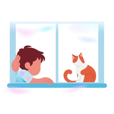 A curious child is leaning close to a window, their hands resting on the sill. The child is wearing a colorful shirt and has tousled hair. Outside the window, a cat with orange and white fur is sitting on the porch, looking back at the child. The cat's tail is curled, and its posture is relaxed. The scene is framed by the windowpane, creating a clear view of the interaction between the child and the cat. Soft, gradient pastel colors fill the atmosphere, enhancing the whimsical nature of the moment.