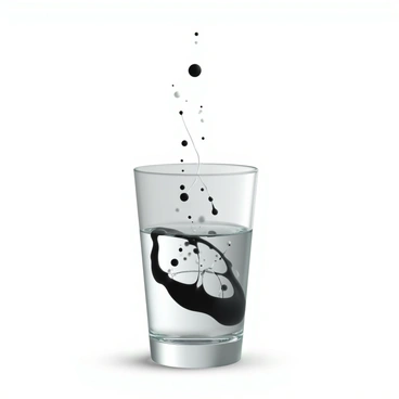 A single drop of black ink is falling into a glass of clear water, creating intricate swirling patterns as it disperses. The ink forms delicate tendrils that expand outward, contrasting against the transparent water. Bubbles rise to the surface, and light refracts through the water, illuminating the swirling shapes. The glass is placed on a smooth surface, highlighting the fluid movement of the ink as it mingles with the water.