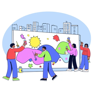 A large city wall is adorned with a vibrant mural featuring an array of colorful shapes and patterns. A group of local illustrators is actively painting the mural, each holding different paintbrushes and cans of paint. One illustrator is adding a bright yellow sun, while another is carefully detailing a blue wave. The scene is filled with splashes of red, green, and purple paint as they collaborate to bring the mural to life. The wall is set against a backdrop of a clear blue sky and nearby urban buildings.