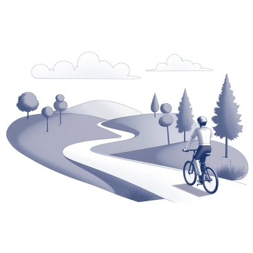 A scenic landscape with a person riding a bicycle along a winding path in fine lines.