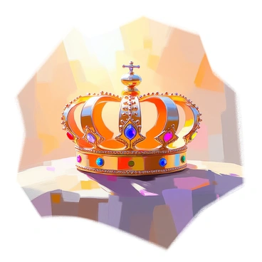 A detailed crown made of intricate gold filigree sits prominently in the foreground. The crown is adorned with sparkling gemstones that catch the light, creating a dazzling array of colors. In the background, the soft warm gold hues of a sunrise illuminate the scene, casting a gentle glow over the crown. The light reflects off the metal surface, enhancing its brilliance and creating delicate shadows. The sky transitions from deep orange to light gold, adding a rich backdrop that complements the crown's opulence.