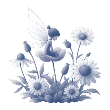 A tiny fairy sits on a delicate poppy petal. The fairy has transparent wings that are intricately patterned, catching the light as they shimmer. Surrounding her are various flowers, including daisies and sunflowers, with petals unfurling in different directions. The scene is filled with lush green foliage that frames the flowers and creates depth in the composition. The fairy seems to be gazing at the blossoms around her, adding a sense of wonder to the setting.
