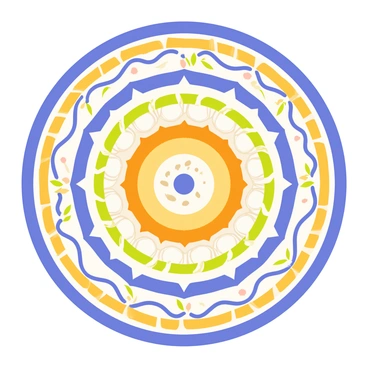 An intricate mandala featuring a series of concentric circular patterns. Each layer of the mandala showcases unique geometric designs and detailed embellishments. The outermost pattern is adorned with floral motifs, while the inner layers display a combination of spirals and waves. The color palette includes vibrant shades of blue, orange, and green, adding depth and dimension to the mandala's intricate details.