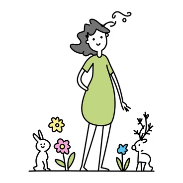 A gentle forest spirit, depicted as a slender figure made of soft greens and browns, stands gracefully in a peaceful glade. The spirit has delicate features and long flowing hair that resembles leaves. The glade is filled with vibrant flowers in various colors, such as yellow, red, and blue, creating a lively scene. Small wildlife, including a rabbit and a deer, can be seen nearby, each positioning themselves calmly in the presence of the spirit, contributing to the tranquil atmosphere of the forest.