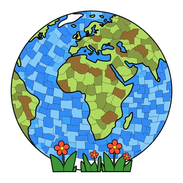 A large mosaic depicting the Earth, created from an array of recycled materials. The globe is formed using colorful scraps of plastic, glass, and metal, each piece shimmering with vibrant hues of blue, green, and brown. The continents are accurately represented, with intricate details capturing the shapes of landmasses. Surrounding the globe, there are small plants and flowers made from recycled paper, adding a touch of nature. The entire composition is set against a bright, simple background that enhances the vivid colors of the mosaic.
