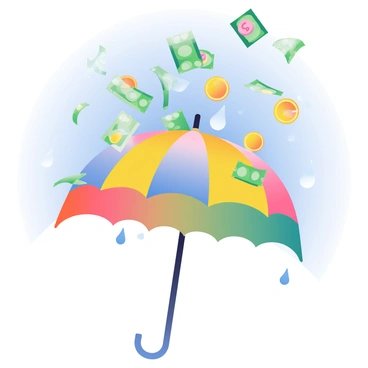 A large, colorful umbrella with a patterned canopy is positioned in the center of the image. Above it, a multitude of various bills and coins are falling from a bright blue sky, creating a dynamic rain effect. The bills are in different denominations, featuring vibrant colors, while the coins are shiny and reflect light. Some of the coins are mid-air, while others are landing on the umbrella's surface. The umbrella is open wide, catching the money as it descends, with droplets of water glistening on its surface, suggesting a recent rain.
