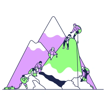 A mountain scene shows a group of climbers making their ascent. The mountain is divided into fractional sections, with each section representing a different stage of their progress. At the bottom section, climbers are preparing their gear, with ropes and ice axes visible. In the middle section, a pair of climbers are taking a brief rest, sitting on a rocky outcrop while surveying the route ahead. Higher up, another climber appears to be leading the way, confidently navigating a steep incline. The sky is clear, and the mountain's peak is visible above, creating a sense of height and achievement.
