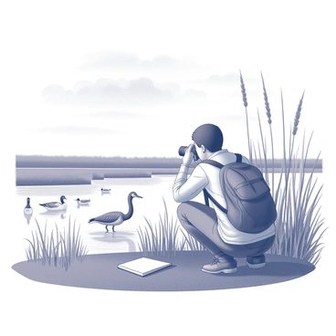 A birdwatcher is crouched in a concealed area amidst tall grasses and reeds in a delta environment. The person is intently observing a variety of bird species through a pair of binoculars. Various birds are visible in the distance, including a heron standing gracefully by the water's edge and a flock of ducks gliding across the surface. The birdwatcher is dressed in muted colors to blend into the surroundings, and a small notebook lies open next to them, ready for notes. The sky above features scattered clouds, suggesting a peaceful day for birdwatching.