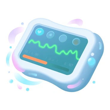 A futuristic heart monitor device is displaying real-time data on a sleek digital screen. The device has a curved design with smooth edges, featuring a vibrant interface with various colorful graphs and numerical readouts. The monitor shows a fluctuating heart rate line in bright green, along with additional data points in shades of blue and orange. Surrounding the monitor, there are glowing elements that enhance its high-tech appearance. The background consists of soft gradient pastel colors, creating a modern and clean atmosphere.