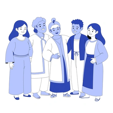 A group of diverse characters is standing together, showcasing various cultural backgrounds. Each character has distinct traditional clothing that represents their heritage, such as intricate patterns, unique fabrics, and accessories. They are positioned close to one another, with their faces turned towards the viewer, all wearing broad smiles. Their hairstyles vary, reflecting different cultural norms, from braided styles to flowing locks. The characters are engaged in a friendly pose, with some having their arms around each other's shoulders, creating a sense of unity and camaraderie among them.