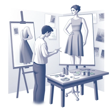 A fashion artist is standing in a well-lit studio, focused on a live model posing gracefully. The artist is using a paintbrush to apply watercolors to a canvas, capturing the details of the model's outfit. The model is wearing a stylish dress, showcasing modern design elements. Surrounding them are various art supplies, including tubes of paint, palettes, and brushes scattered across a wooden work table. Inspiration is visible on the walls, with various sketches and fabric swatches pinned up, creating an atmosphere of creativity and artistic energy.