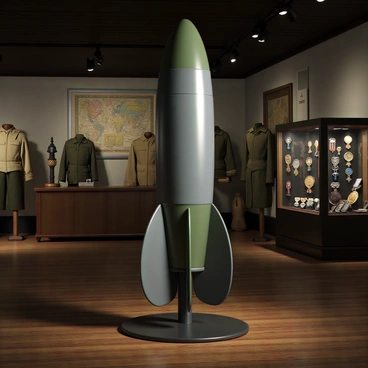 A vintage missile with a metallic surface, featuring a sleek aerodynamic shape and painted in shades of gray and green. It is placed upright on a display stand within a military museum. Surrounding the missile are various historical artifacts, including an old military uniform displayed on a mannequin, vintage maps pinned to the walls, and a collection of medals and insignias arranged in a glass case. The museum interior has wooden flooring and dim lighting to create an atmosphere that highlights the significance of the exhibits.
