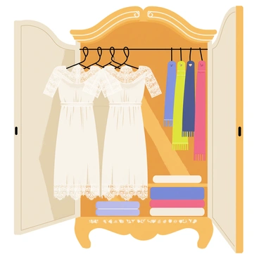 An open antique wardrobe filled with lace dresses and knitted scarves