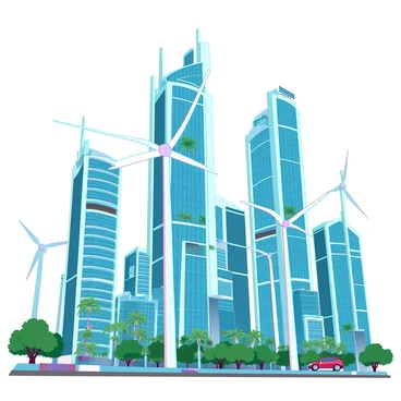 A futuristic cityscape featuring sleek skyscrapers with reflective glass surfaces and innovative architecture. The buildings are adorned with green vertical gardens and equipped with solar panels on their rooftops. In the foreground, numerous wind turbines stand tall, their blades spinning gently in the wind. The sky is clear, emphasizing the clean energy theme. Below, lush parks and green spaces are interspersed between the buildings, with people enjoying the outdoors. Electric vehicles are visible on the roads, highlighting the city’s commitment to sustainability.
