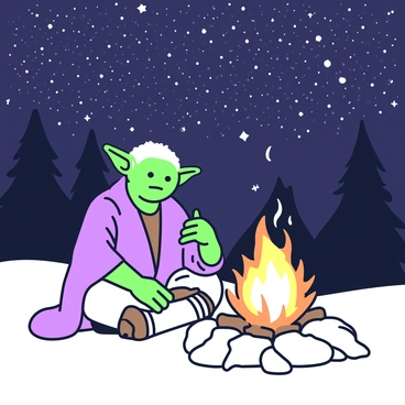 Yoda is sitting cross-legged beside a campfire, with flames casting a warm glow around him. He is holding a small stick, stirring the embers gently. The campfire is surrounded by smooth stones, and a few sparks are rising towards the clear night sky. Above, countless stars are twinkling, forming a vast cosmic backdrop. Yoda's distinctive features and robes are illuminated by the firelight, creating a striking contrast against the darkness of the night. In the background, silhouettes of trees can be seen, framing the serene scene.