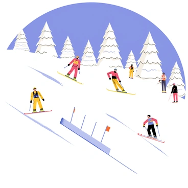 A snowy mountain slope with skiers racing down at high speeds. The skiers wear colorful outfits, each with distinct patterns and designs, while their skis cut through the fresh powder. The backdrop features tall snow-covered pine trees lining the slope. A clear blue sky provides a vibrant contrast to the white snow. Spectators in winter attire are positioned along the sidelines, watching the thrilling competition unfold. A few flags indicating the race course are planted in the snow.