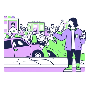 A news reporter stands on a street corner, broadcasting live from the scene of a car accident. The reporter has medium-length hair and is wearing a blue jacket with a press badge visible on the front. In their right hand, they hold a microphone while pointing towards a damaged car. The car, crumpled and with shattered windows, is surrounded by emergency vehicles with flashing lights. In the background, a crowd of onlookers has gathered, some holding their phones to capture the event. The pavement is wet, reflecting the lights of the emergency vehicles.