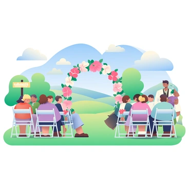 A picturesque countryside wedding setting is depicted under a bright blue sky. The scene features a floral arch adorned with vibrant flowers in shades of pink, white, and lavender, providing a beautiful backdrop for the ceremony. Guests are seated on white folding chairs arranged in neat rows on lush green grass. Each guest is dressed in formal attire, and some hold small bouquets of flowers. Nearby, there are rustic wooden signs directing to various areas of the celebration, and a gentle breeze rustles the leaves of nearby trees, enhancing the idyllic atmosphere.