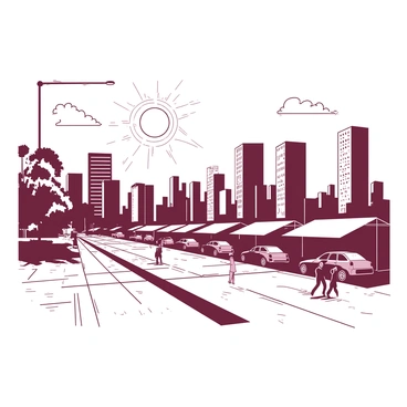 A cityscape under a bright sun showcasing a skyline of tall buildings. The streets are largely empty, with a few people looking for shade under awnings and trees. Visible heatwaves are rising from the concrete sidewalks, creating a shimmering effect near the ground. Cars parked along the streets appear slightly warped due to the heat. The sky is clear, adding to the intensity of the extreme heat in the scene.