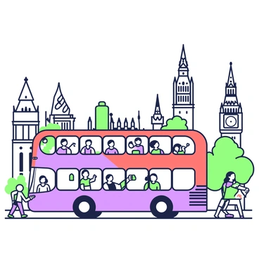 A double-decker bus is driving along a bustling city street filled with famous landmarks. The bus is red and features large windows, showcasing tourists sitting on the top deck, pointing and taking pictures. In the background, there are iconic buildings with intricate architectural details, such as a tall clock tower and a historic cathedral with spires. The street is lined with greenery, and pedestrians can be seen strolling on the sidewalks, adding to the vibrant atmosphere of the scene.
