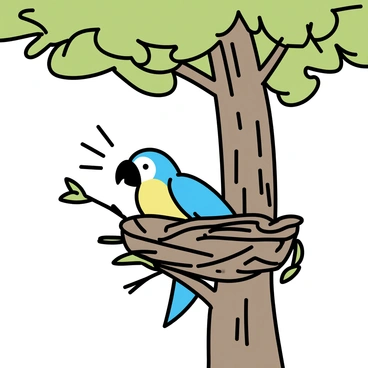 A macaw peeking out from a cozy nest built high in a tall tree