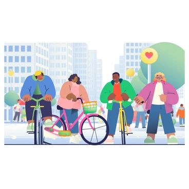 A diverse group of people using a city bike-sharing program in a busy urban area