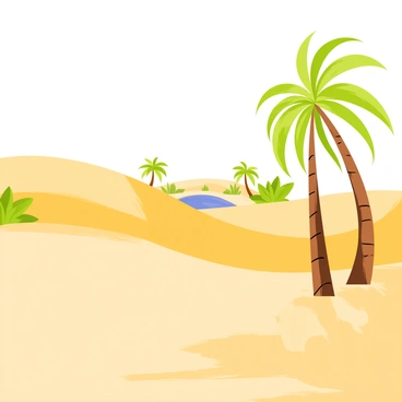 A barren desert landscape featuring rolling sand dunes with a golden hue under a bright blue sky. Illustrated palm trees with vibrant green fronds are scattered around the scene. In the distance, a hidden oasis is visible, showcasing a shimmering pool of turquoise water surrounded by lush vegetation and additional palm trees. Soft, gentle shadows are cast by the palm trees onto the sandy ground.