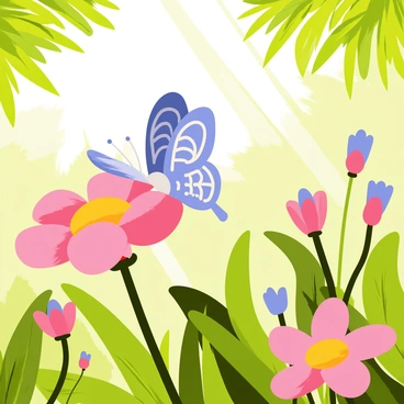 A vibrant blue butterfly with intricate patterns on its wings is perched on the petals of a delicate pink flower. The flower has soft, rounded petals and a bright yellow center, surrounded by lush green leaves. The garden is filled with a variety of colorful flowers and greenery, creating a lively and cheerful atmosphere. The sunlight filters through the leaves, casting gentle shadows on the ground below.