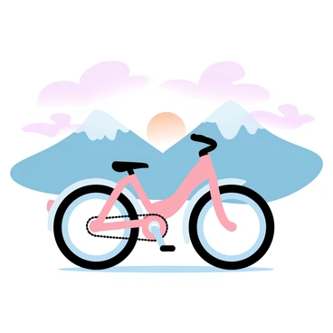 A pink bicycle is positioned in the foreground with its tires resting on the ground. The frame of the bike is sleek, reflecting the soft light of dawn. In the background, majestic mountains rise dramatically, their peaks dusted with snow. The sky is filled with gradient pastel colors, blending from soft pink to gentle orange as the sun begins to rise. Wispy clouds float above the mountains, catching the early light and adding to the serene atmosphere.