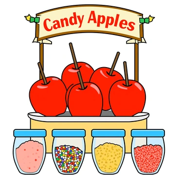 A colorful sweet treats stand filled with glossy red candy apples. Each apple is coated in a shiny, bright red sugar glaze that reflects light. The apples are placed on a white paper platter, and some have wooden sticks sticking out from the top. The stand is adorned with playful decorations like colorful ribbons and a sign that reads "Candy Apples" in bold, cheerful letters. Surrounding the stand are small jars filled with various sprinkles and toppings, creating an enticing display of sweets.