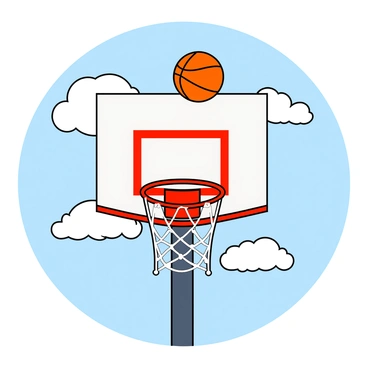 A colorful basketball hoop with a bright red rim and a white net is floating in mid-air. The hoop is surrounded by fluffy, white clouds that are soft and puffy, creating a playful atmosphere. The sky is a light blue, giving a sense of an open, airy environment. A vibrant basketball is suspended just above the hoop, ready to be shot. The clouds have different shapes and sizes, enhancing the whimsical feeling of the scene.