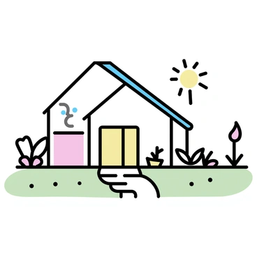 A sustainable home with a modern design, featuring a sloped roof adorned with "solar panels." To the side of the house, there is a "rainwater collection system" with a large, cylindrical tank. In the front yard, a "small garden" showcases a variety of plants and flowers, adding greenery and life to the environment. The house is surrounded by a neat pathway leading to the entrance, with a lawn that emphasizes the eco-friendly aspect of the home.