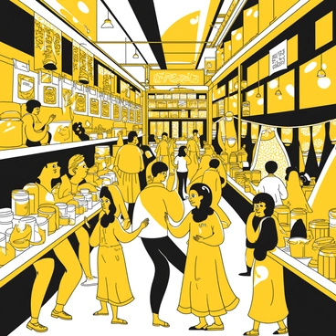 A bustling marketplace in Kolkata filled with a diverse array of vendors. Stalls are overflowing with colorful packets of spices, showcasing intricate designs and labels. Nearby, vendors display vibrant textiles, with rich patterns and textures hung prominently. Shoppers are engaged in lively discussions, examining the goods closely. The scene captures the energy of the crowd, with people of different ages and backgrounds interacting and navigating through the maze of stalls. An assortment of decorative items can be seen scattered throughout the marketplace, adding to the vibrant atmosphere.