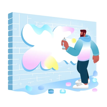 A man wearing a colorful hoodie is spray painting a large mural on a brick wall in an urban environment. He is holding a can of spray paint in his right hand and has a focused posture as he applies vibrant paint in shades of blue, pink, and yellow. The wall features various abstract shapes and designs, showcasing a blend of gradient pastel colors. Nearby, there are empty paint cans scattered on the ground, and the sun casts soft light on the scene, enhancing the colors of the graffiti.