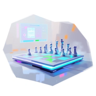 A futuristic chess board made of sleek, transparent material is displayed, glowing with vibrant blue and green lights. The board features a complex grid of holographic squares that shimmer as digital pieces move autonomously across it. Each chess piece is designed with intricate patterns and emits a soft, pulsing light, reflecting their individual functions. Above the board, a digital interface displays strategy options and statistics, while a faint mist surrounds the setup, enhancing the advanced technology feel of the scene. The environment is minimalistic, allowing the chess board and its moving pieces to be the main focus.