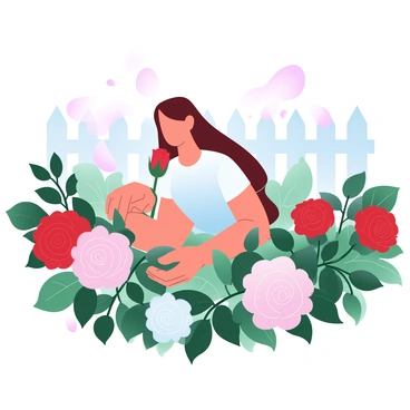 A lush rose garden filled with vibrant roses in various shades of red, pink, and white. The roses are in full bloom, showcasing their delicate petals and rich greenery. "Beauty" is gently bending down to pick a striking red rose, her hands softly cupping the flower. Surrounding her are numerous rose bushes, adorned with lush green leaves. A gentle breeze causes some petals to drift softly through the air. In the background, the garden is bounded by a white picket fence, enhancing the idyllic scene.