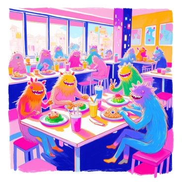 A colorful monster-themed cafeteria is filled with various monsters sitting at tables. Some monsters are large and furry, while others are small and scaly. They are enjoying a meal together, interacting happily. In front of them are plates filled with creepy snacks, such as green slime jello, eyeball-shaped cookies, and spiked cupcakes. There are also colorful drinks in quirky containers, resembling monster heads with straws. The walls of the cafeteria are adorned with playful monster artwork, and the lighting is bright and vibrant, enhancing the playful atmosphere.