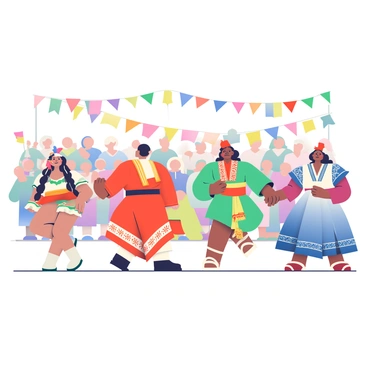 A cultural festival scene featuring a reel with traditional outfits and dancers from around the world
