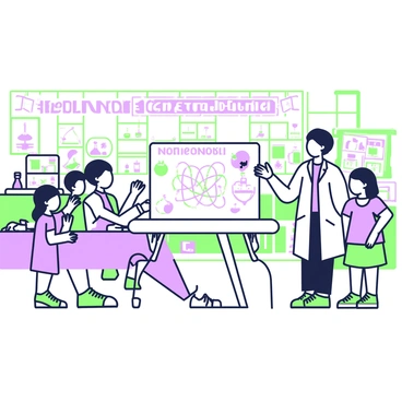 A school science fair is taking place in a large room filled with various projects. In the center, a student is standing next to their project, which illustrates "Dalton's atomic model." The project is displayed on a tri-fold board, featuring diagrams of atoms and their components. The student, wearing a lab coat, is confidently explaining the model to a small group of curious classmates. Various other science projects are visible in the background, showcasing different themes such as plants, chemistry experiments, and physics demonstrations. Tables are equipped with colorful materials, and a banner at the top of the room announces the science fair event.
