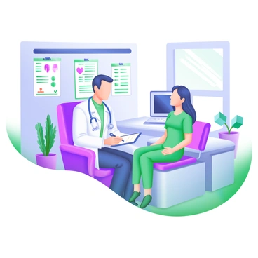 A modern pastel illustration depicting a doctor and a patient in a clinic room. The doctor, wearing a white coat and a stethoscope around their neck, is sitting on a chair facing the patient, who is seated on a medical examination table. The room is filled with medical charts, a computer on a desk, and a window with light filtering through. The doctor is making notes on a clipboard while the patient looks engaged and attentive, appearing to share their concerns. A plant in a pot adds a touch of greenery to the scene.