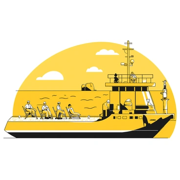 A group of crew members sitting and lounging on the deck of a fuel barge. Some crew members are leaning against the railing, while others are seated on deck chairs. They are wearing uniforms and hats. In the background, the ocean is visible, with gentle waves and a clear horizon. A distant shoreline can be seen under a bright sky. The barge features various equipment, including fuel tanks and safety gear, arranged neatly along the deck.