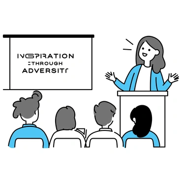 A woman standing at a podium, facing an audience. She has long, flowing brown hair and is wearing a blue blazer over a white blouse. Her expression is focused and passionate as she gestures expressively with her hands. The audience members, seated in rows, are looking at her attentively, with some taking notes. In the background, a large screen displays the title of her speech, which is "Inspiration Through Adversity".