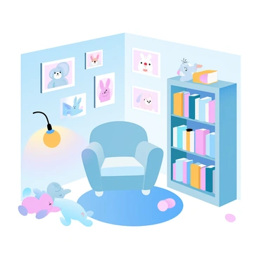 A cozy corner filled with colorful children's book illustrations. The walls are adorned with various framed pictures of whimsical characters like a friendly dragon, a curious rabbit, and a playful unicorn. A small bookshelf is overflowing with storybooks, their spines displaying bright, inviting colors. A plush chair in soft fabric sits in the corner, accompanied by a round, fluffy rug. A warm light emanates from a lamp nearby, casting a gentle glow over the space, enhancing the inviting atmosphere. A few scattered stuffed animals are placed around, inviting children to sit and explore the stories.