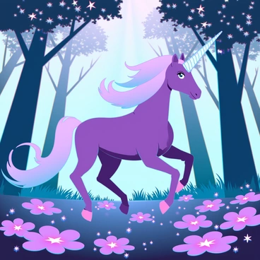 A whimsical purple unicorn with a flowing, iridescent mane is prancing through a magical forest. The unicorn has a spiraled horn that glimmers with hues of violet and silver. Surrounding the unicorn, the forest is alive with towering trees that have luminous leaves, casting a soft, ethereal glow. The ground is blanketed with numerous sparkling purple flowers, each petal twinkling like tiny stars. Rays of light filter through the tree branches, creating a dreamlike atmosphere filled with vibrant colors.
