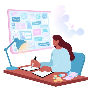 A person is sitting at a desk with a wooden finish, writing in a journal using a pen. The person is surrounded by colorful stationery, including markers and sticky notes. Behind them, there is a vision board filled with images and words representing dreams and aspirations, such as "travel," "success," "happiness," and "creativity." The vision board is adorned with various magazine clippings, photographs, and motivational quotes, all arranged in a vibrant, eye-catching layout. The scene is illuminated by soft, warm light coming from a nearby lamp, creating a cozy atmosphere.